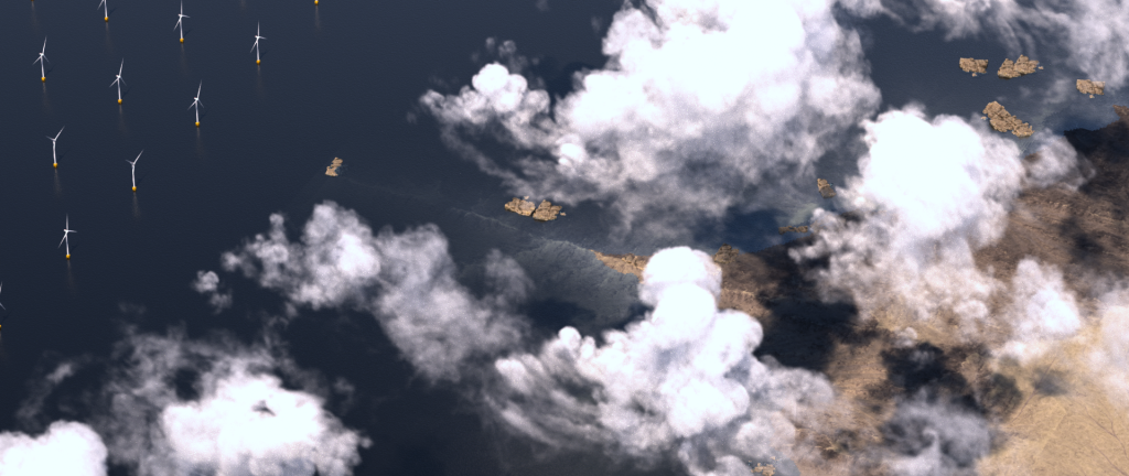 The Global Irrigation Project Press Photo Top overview of Coast with Turbines and Clouds