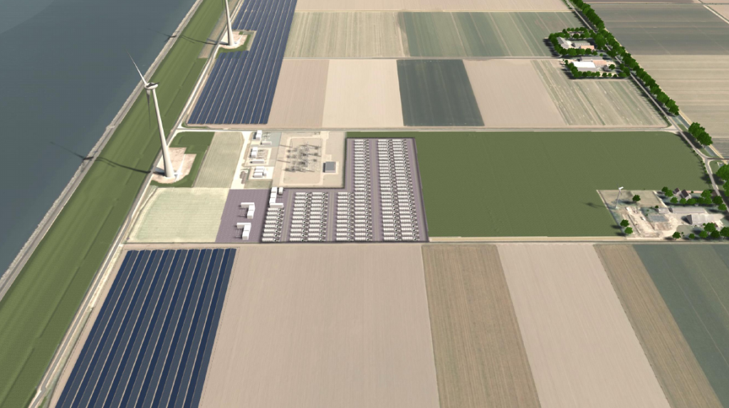 Een impressie van het eerste hybride windpark op land in de Noordoostpolder – Foto Ventolines