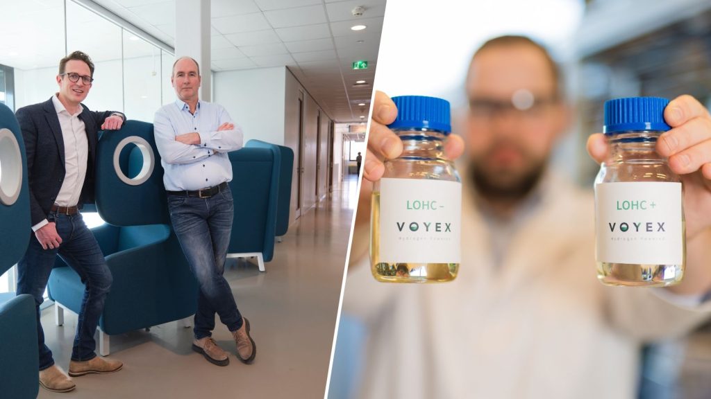 Fabian Benschop (links) en Wiard Leenders hebben met Voyex een veilige en goedkope drager (LOHC) voor groene waterstof ontwikkeld. | Credits: Voyex